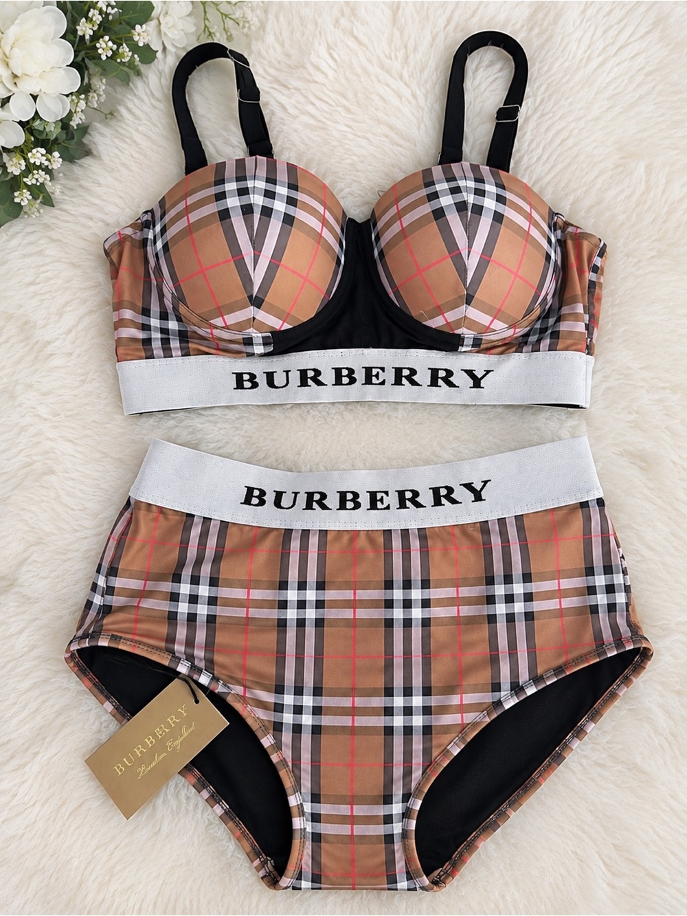 Burberry Women’s Beige Plaid Bralette & High-Waist Brief Set